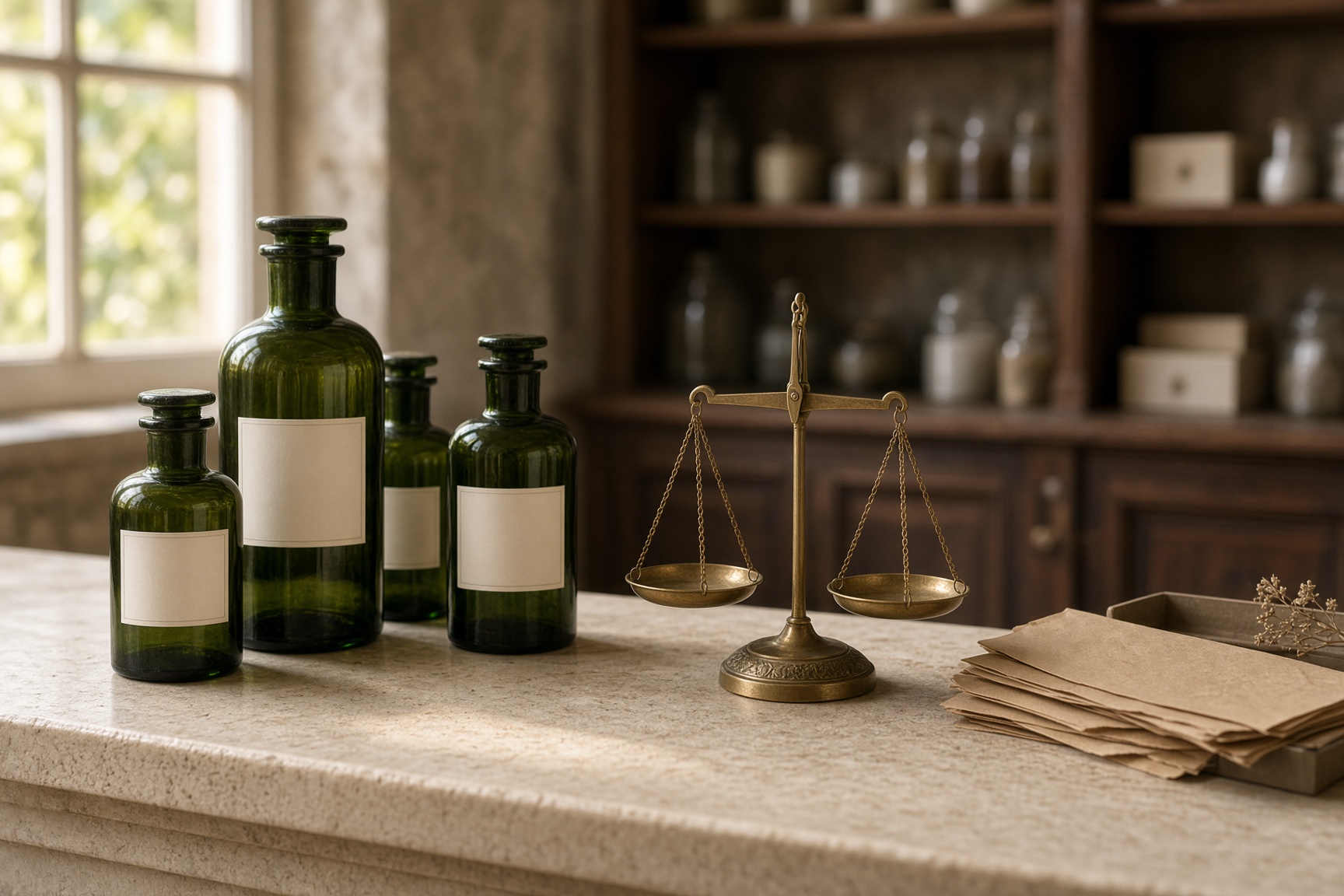 Green glass bottles and a brass scale on a limestone counter.