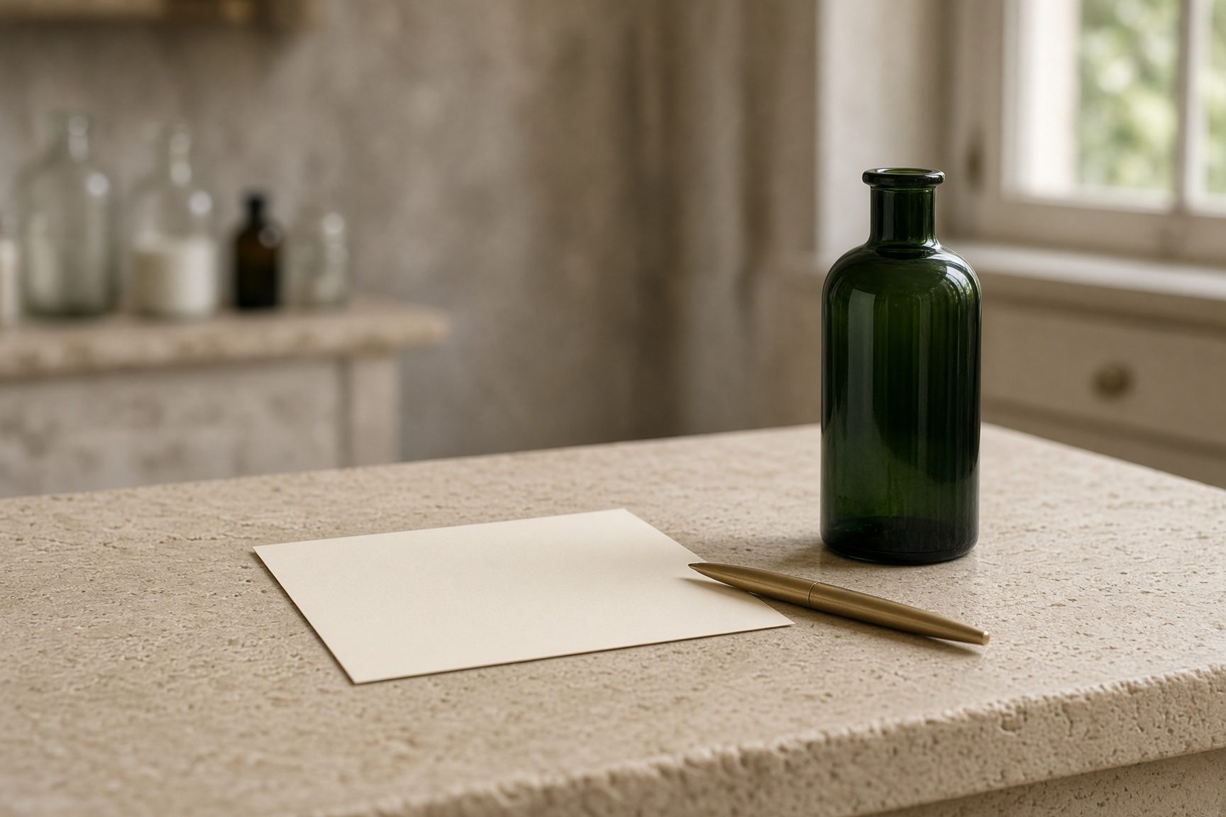A blank paper slip and a brass pen beside a green glass bottle.