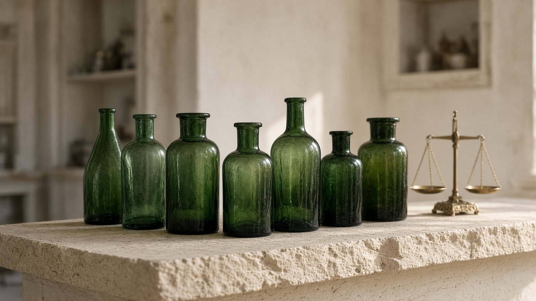 Unlabeled green glass bottles and a brass scale on a limestone shelf.